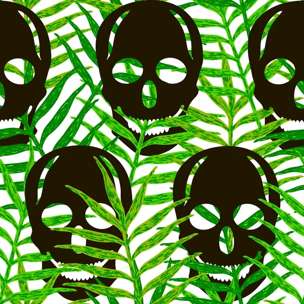 Kafatasları seamless modeli yeşil yaprakları ile. 