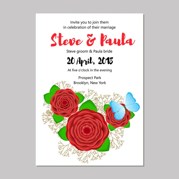 Svatební kartu šablona s kreativní červenými květy, zelené listy, b — Stockový vektor
