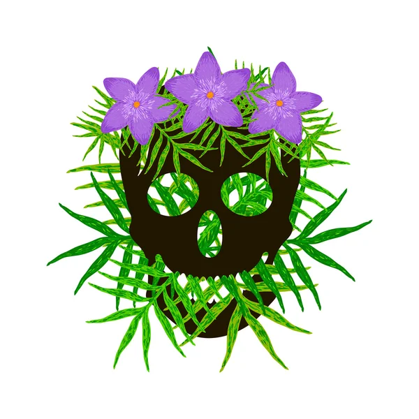 Απόκριες φόντο με μαύρο κρανίο, μωβ λουλούδια και πράσινο — Διανυσματικό Αρχείο