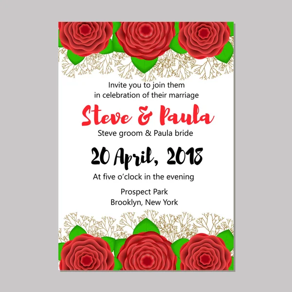 Svatební kartu šablona s kreativní červenými květy a zelenými listy — Stockový vektor