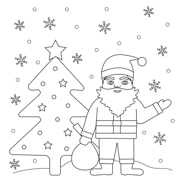 Coloring Page Santa Christmas Tree Snowflakes Vector Background — Stock Vector