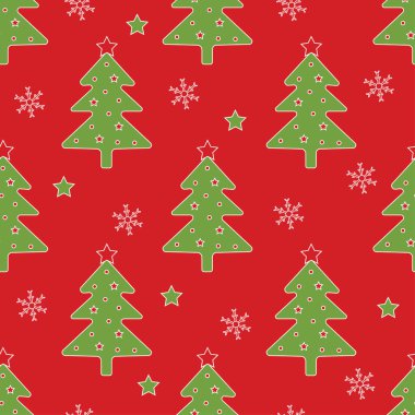 Kusursuz bir Noel deseni. Kırmızı arka planda Noel ağacı ve kar taneleri. Vektör illüstrasyonu.