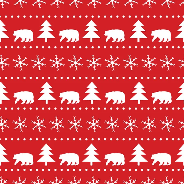 Kusursuz bir Noel deseni. Kırmızı arka planda beyaz kar taneleri, ayı ve köknar ağacı. Vektör illüstrasyonu. 