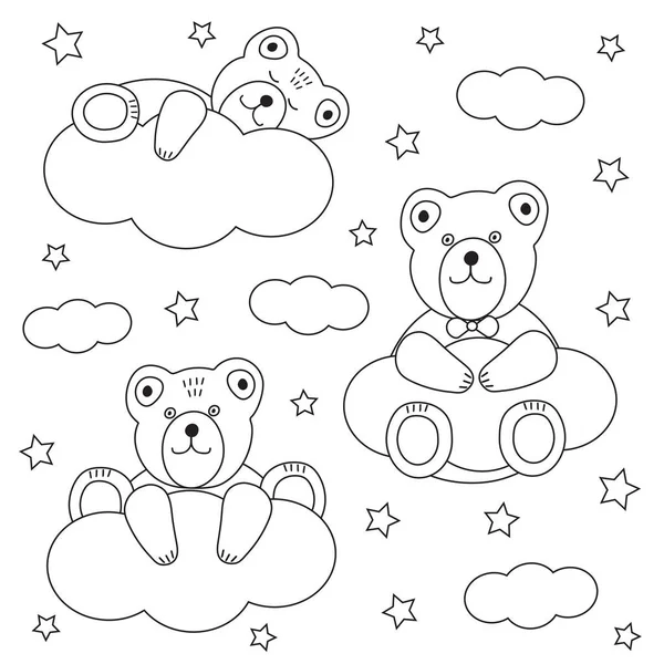 Sevimli ayılar. Bulutlar ve yıldızlar. Boyama sayfası. Vektör illüstrasyonu.