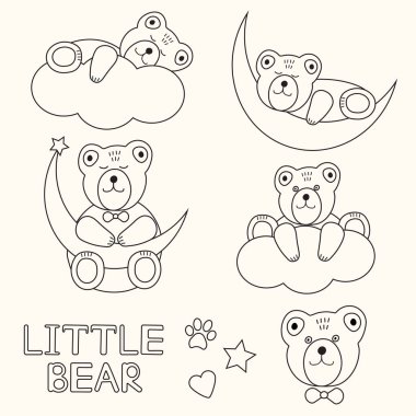Sevimli ayılar. Taslak, çizgi hayvanları. Hazır ol. Vektör.  