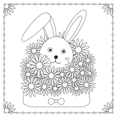 Şirin tavşan ve çiçekler. Boyama sayfası. Vektör illüstrasyonu. 