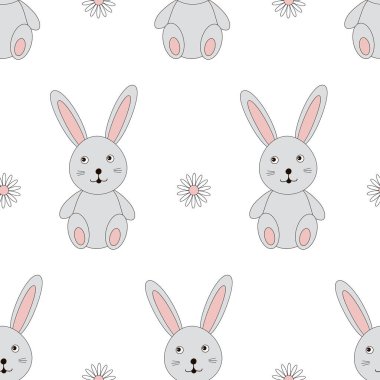 Şirin tavşan ve çiçekler pürüzsüz desen. Tavşan dijital kağıdı. Vektör illüstrasyonu. 