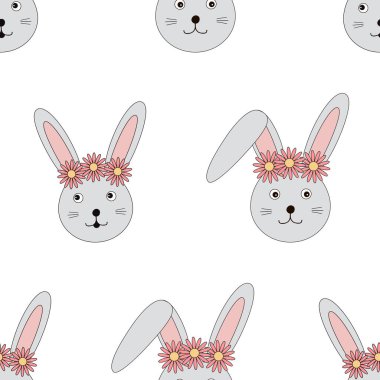 Şirin tavşan ve çiçekler pürüzsüz desen. Tavşan dijital kağıdı. Vektör illüstrasyonu. 