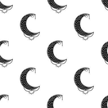 Ay kusursuz desen. Siyah beyaz dijital kağıt. Vektör illüstrasyonu. 