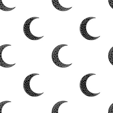 Ay kusursuz desen. Siyah beyaz dijital kağıt. Vektör illüstrasyonu. 