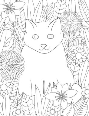 Kedi ve çiçek boyama sayfası. Yetişkin boyası. Vektör illüstrasyonu. 
