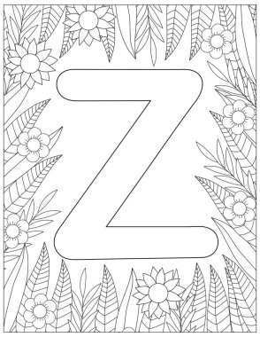 Z harfi boyama sayfası. Çiçek boyası. Vektör illüstrasyonu. 