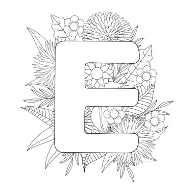 E harfi boyama sayfası. Çiçek boyası. Vektör illüstrasyonu. 