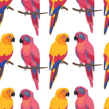 Egzotik Kuşlar Tekstil deseni. Sarı ve Pembe Papağanlar Sanat. Kusursuz Desen.