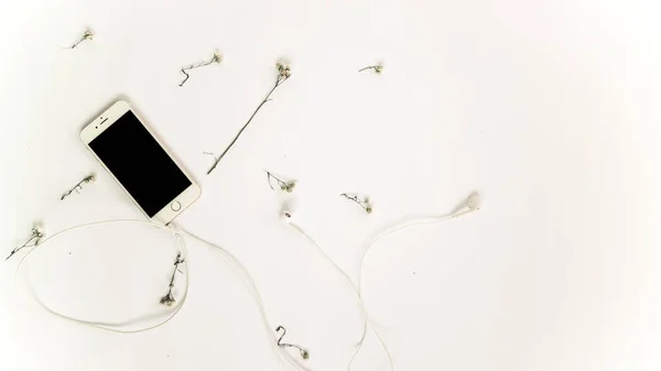 Masadaki akıllı telefon ve kulaklıkların resimleri.