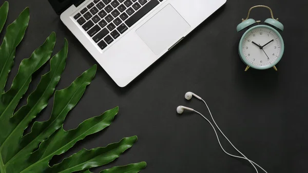 Green leaves laptop alarm clock earphone on black background 
