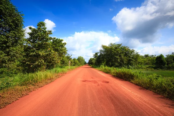 Красная грязная дорога в тропических джунглях — стоковое фото