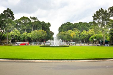 Hochiminh City, Vietnam - July 8, 2015: Fountain in front of Reunification Palace former Independence Palace, architect Ngo Viet Thu, circa 1966. It was used as headquarters by the South Vietnamese when the Vietnam War cabinet.