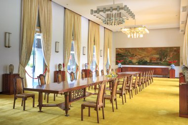Hochiminh City, Vietnam - July 8, 2015: Reception room at the Reunification Palace, Ngo Viet Thu By architect, circa 1966. It was used as headquarters by the South Vietnamese Vietnam War the cabinet.