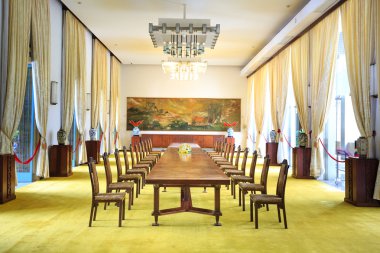 Hochiminh City, Vietnam - July 8, 2015: Reception room at the Reunification Palace, Ngo Viet Thu By architect, circa 1966. It was used as headquarters by the South Vietnamese Vietnam War the cabinet.