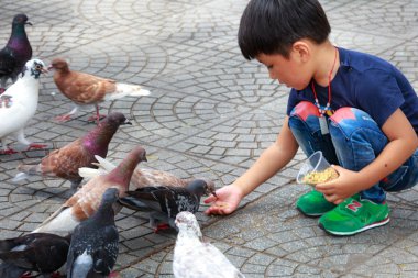 Hochiminh City, Vietnam - 14 Temmuz 2015: Saigon sokaklarında bir bebek çocuk ellerinde güvercin besleme