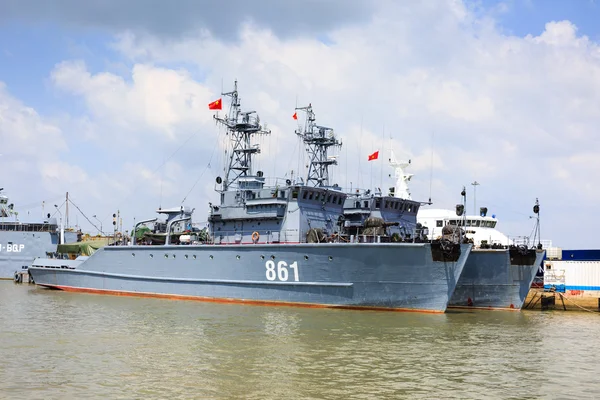 Ho Chi Minh City, Vietnam - June 27, 2015 - Military ships waiting to enter the river in repairs on HoChiMinh City, Vietnam