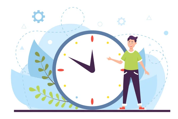 Planlama ve çalışma zamanı yönetimi konsepti. Beyaz zemin üzerinde bir saat düz vektör illüstrasyon bir karakter ve bitkiler. Büyük saatin yanında duran bir adamın resmi..