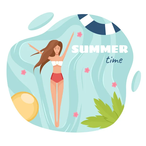 Girl Lying Relaxing Pool Sea Summertime Postcard Print Flat Vector — Stock Vector