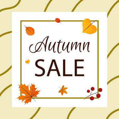 Sevimli çizgi film yapraklı sonbahar indirimi afişi. Vektör illüstrasyonu