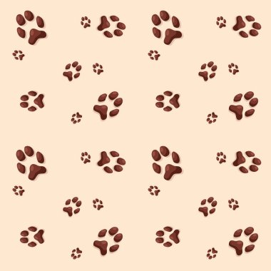 Hayvan ayak izleri. Bej arka planda kedi ya da köpek kahverengi ayak izleri. Vektör çizgi film illüstrasyonu