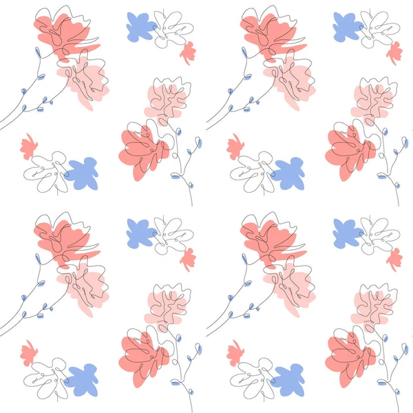 Çizgi çiçekleri ve renk şekilleriyle basit estetik desen. Beyaz arka plan. Vektör çağdaş illüstrasyon