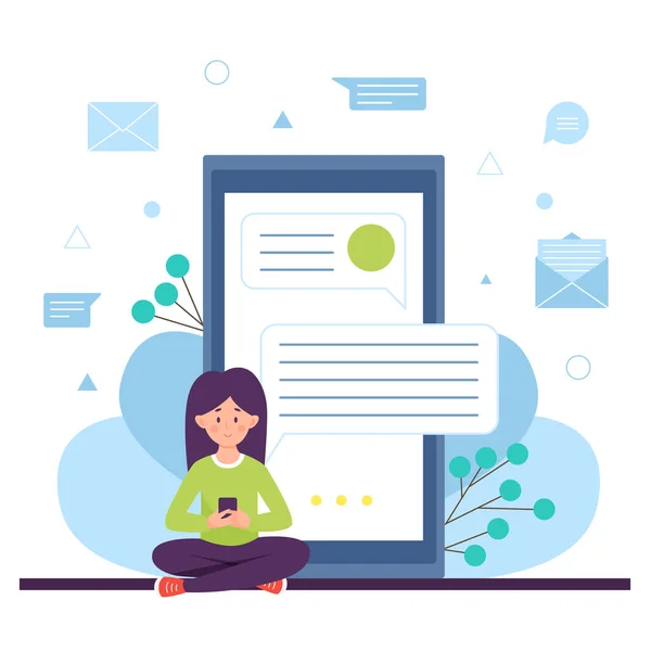 Kurye konsepti. Arka planda büyük bir telefonla mesaj yazan ve okuyan bir kız. Düz çizgi film vektör çizimi.