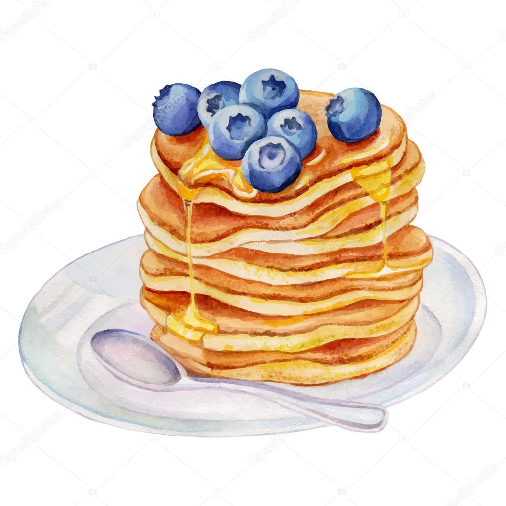 Watercolor Pancakes with blueberries.