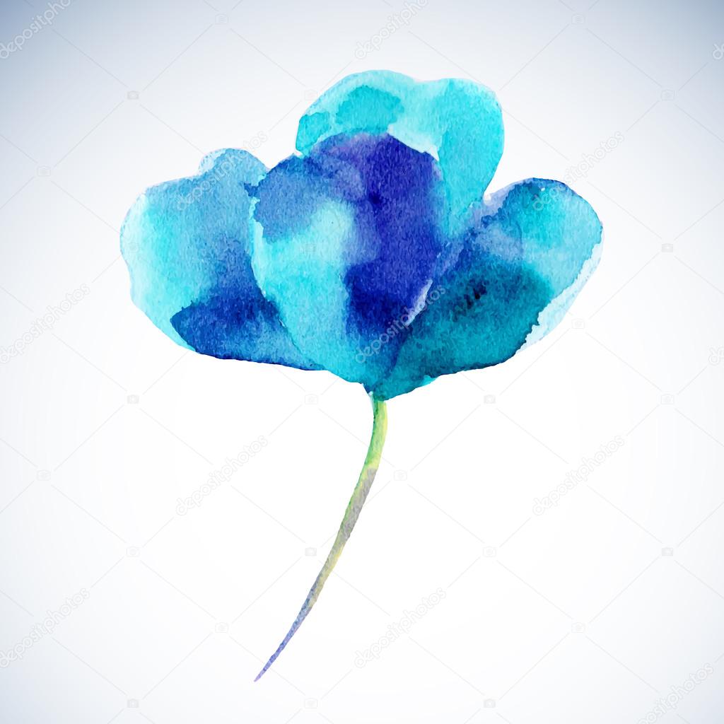 Watercolor illustration of a a blue flower on a white background.