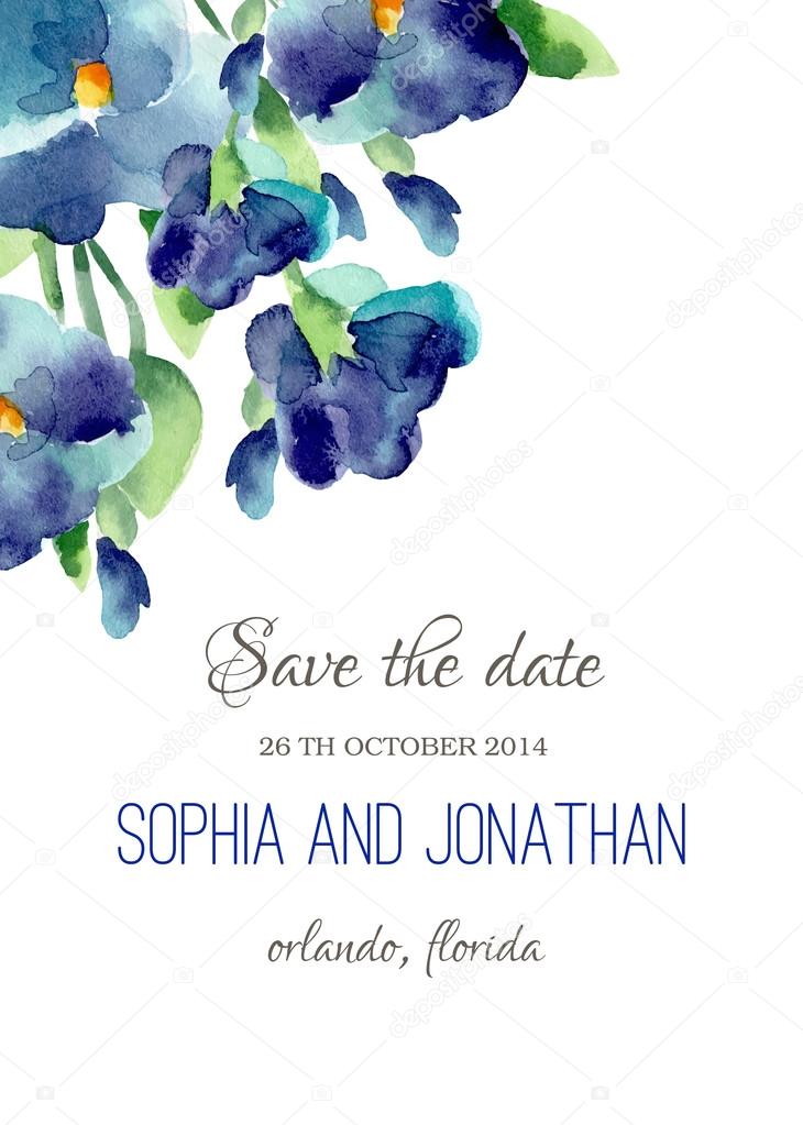 Wedding invitation watercolor with violet flowers.