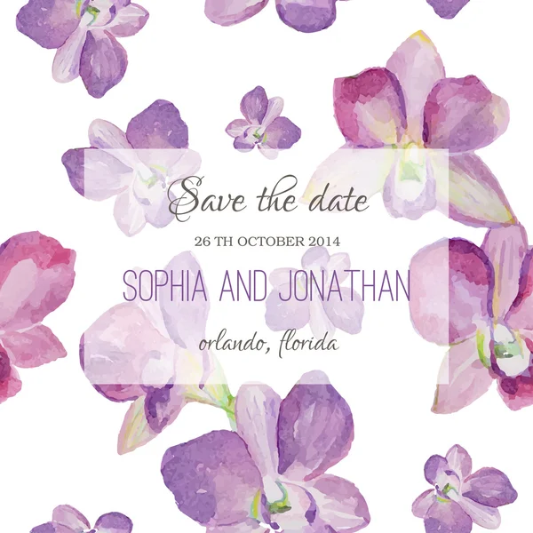 Bruiloft uitnodiging aquarel met orchidee bloemen. — Stockvector