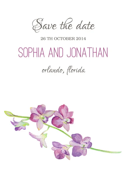 Bruiloft uitnodiging aquarel met orchidee bloemen. — Stockvector