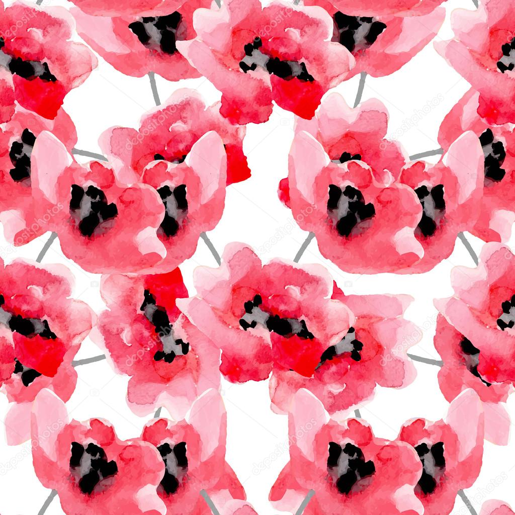 Watercolor flowers red poppy seamless pattern.