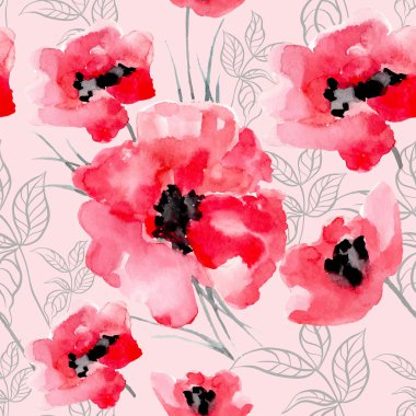 Suluboya çiçek kırmızı haşhaş seamless modeli.