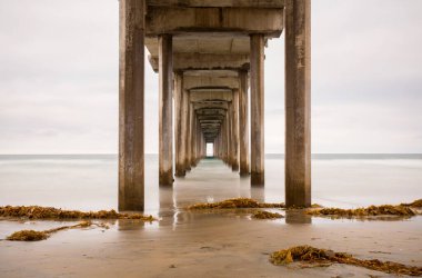 Kaliforniya, La Jolla 'daki Scripps İskelesi. Bulutlu bir günde sabahın erken saatlerinde uzun süre maruz kalmak.