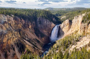 Wyoming 'deki Yellowstone Ulusal Parkı' nda Red Rock Point 'ten görüldüğü gibi Lower Canyon Falls..