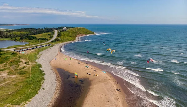 Αεροφωτογραφία Των Kiteboarders Στο Lawrencetown Beach Στη Νέα Σκωτία Μια — Φωτογραφία Αρχείου