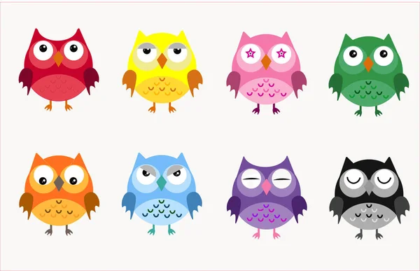 Eight Colorful Owls White Background — Stock Photo, Image