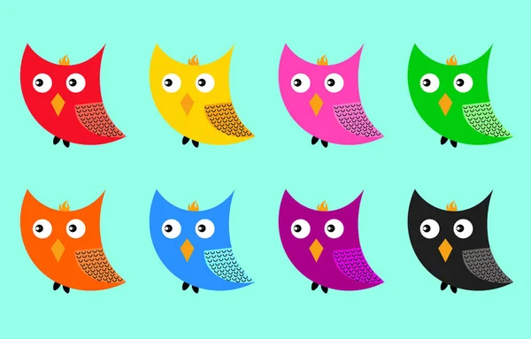 Eight Colorful Owls Blue Background — Stock Photo, Image