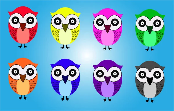 Eight Colorful Owls Blue Background — Stock Photo, Image