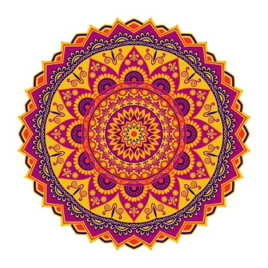 Renkli Mandala Çizim Stili. Vektör eli kalpli karalama mandala çizdi. Baskı, poster, kapak, broşür, broşür, afiş, kitap kapağı için parlak renkler mandala tasarımı.