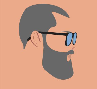 Bir adamın silueti. Yüz hatları. Güneş gözlüklü sakallı adam. Şık bir adam. Erkek kafası. İnsan kafası silueti. Düz renkli erkek çizimi. Yetişkin adam.