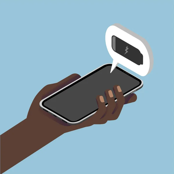 Illustration Colorée Main Masculine Noire Avec Smartphone Bulle Vocale Batterie — Image vectorielle