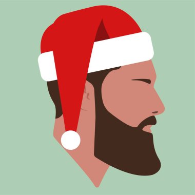 Noel Baba şapkası. Noel Baba şapkalı beyaz sakallı adam. Erkek kafası. İnsan kafası silueti. Erkek Düz Çizim. 