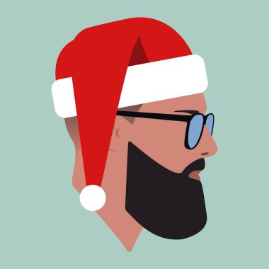 Noel Baba şapkası. Noel Baba şapkalı ve güneş gözlüklü beyaz sakallı adam. Erkek kafası. İnsan kafası silueti. Erkek Düz Çizim. 